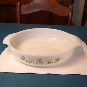 Vintage Pyrex White Casserole Dish with Green Floral Design Crazy Daisy 429